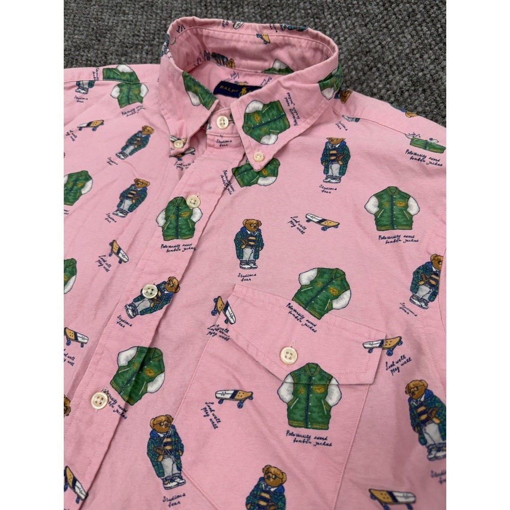 Ralph Lauren Men's Medium Pink Polo Bear All Over Print Button Down Shirt